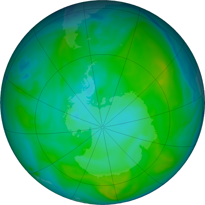 Antarctic ozone map for 14 January 2020